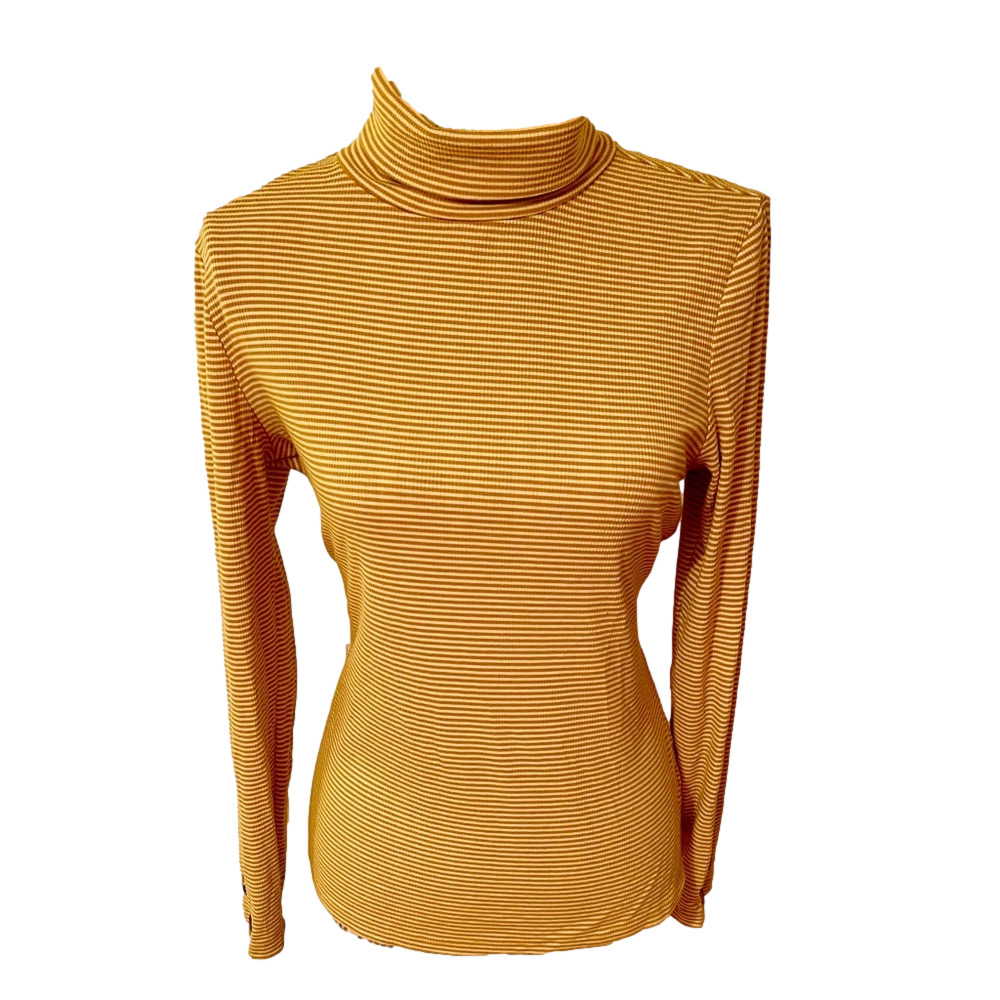 TAHARI gold & white striped light weight turtleneck sweater size medium